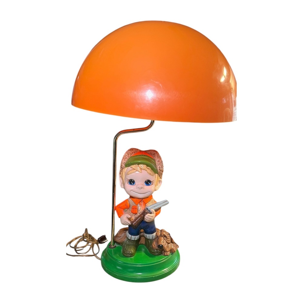 1970s Atlantic Mold Big Eye Boy & Dog Table Lamp with Orange Dome Shade
